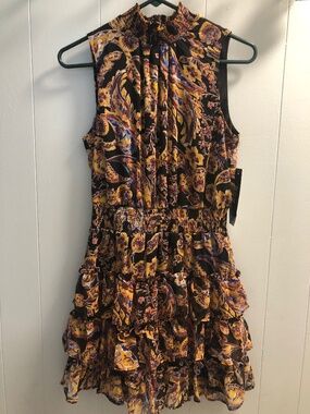NWT MSK Women’s Size S Dress Elastic Waistband  Black/Gold Pattern Ruffled Skirt